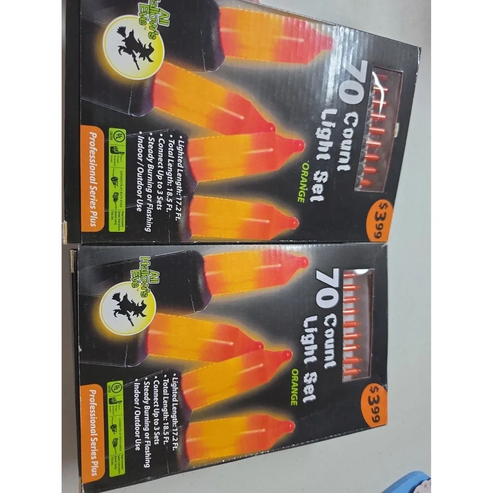 Set 2 All Hallow's Eve 70 Count Orange String Lights,Halloween Theme, Black Wire